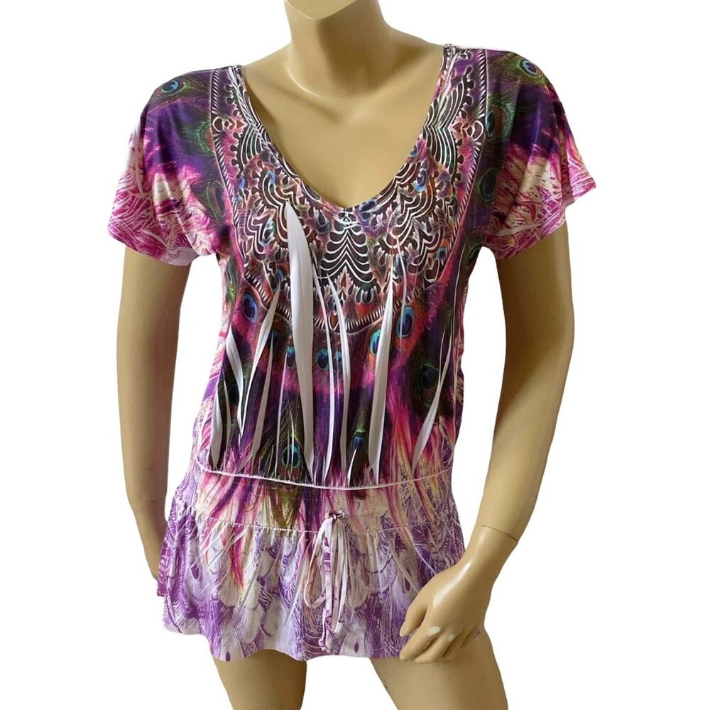 Body Central Peacock Feather Sublimated Tunic Top Boho Y2K Festival Size Medium
